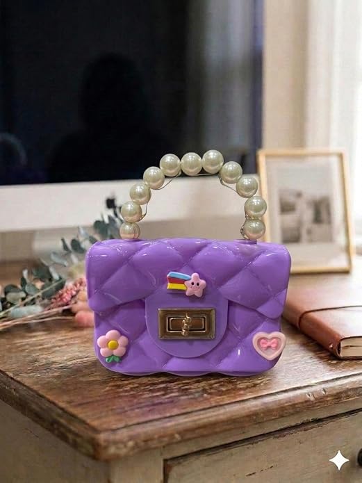 J I Kids Pearl Handle Mini Purse Bag Cute Cartoon Decorative Handbag for Girls