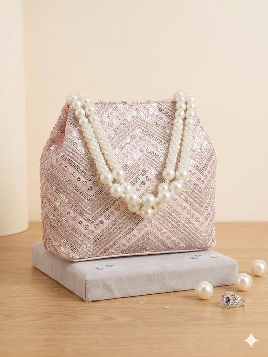 Bag in Women's Ethnic Potli Bag Embroidered Drawstring Purse with Pearl Bead Handle for Festive Occasions