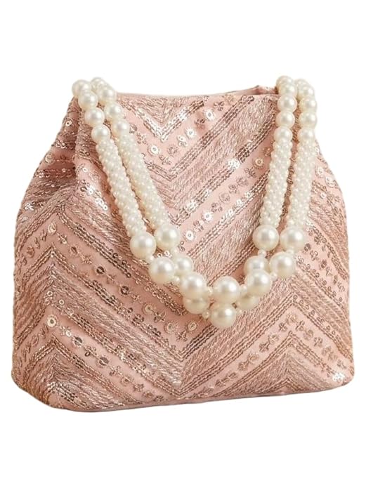 Bag in Women's Ethnic Potli Bag Embroidered Drawstring Purse with Pearl Bead Handle for Festive Occasions