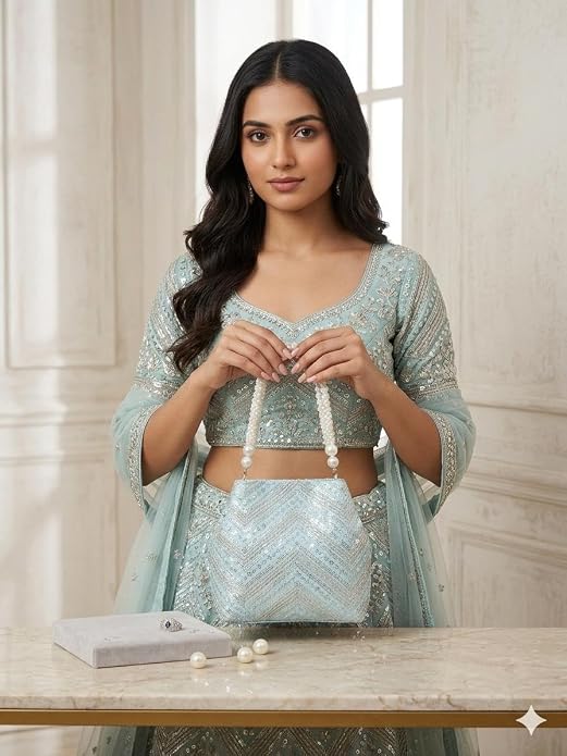 Bag in Women's Ethnic Potli Bag Embroidered Drawstring Purse with Pearl Bead Handle for Festive Occasions