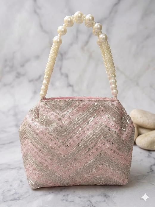 Bag in Women's Ethnic Potli Bag Embroidered Drawstring Purse with Pearl Bead Handle for Festive Occasions