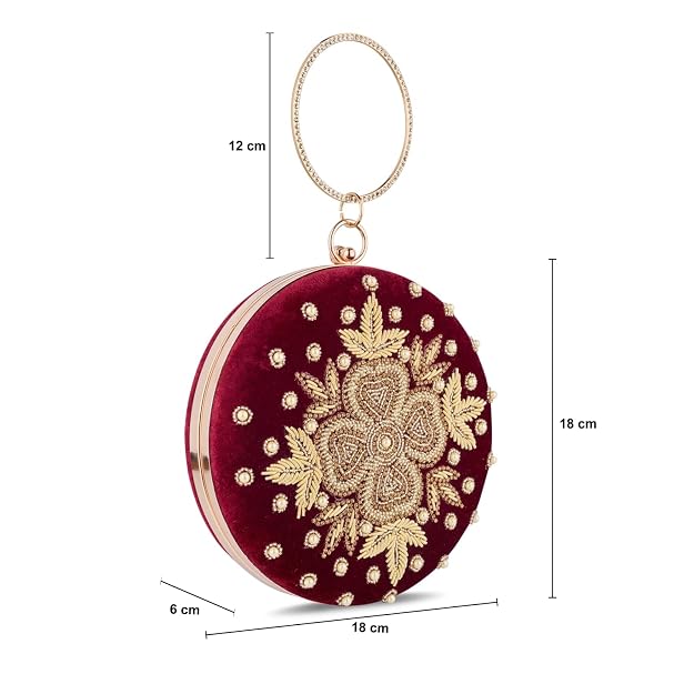 Bag in Festive Velvet Embroidered Clutch Bag with Chain & Ring Handle