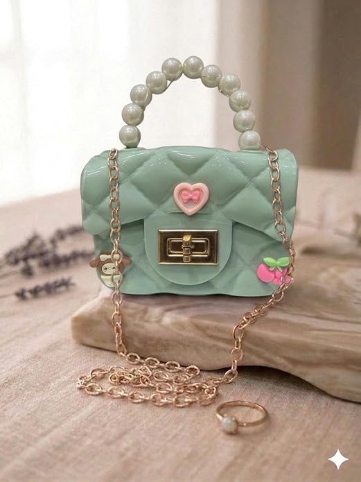 J I Kids Pearl Handle Mini Purse Bag Cute Cartoon Decorative Handbag for Girls