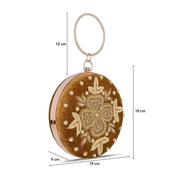 Bag in Festive Velvet Embroidered Clutch Bag with Chain & Ring Handle