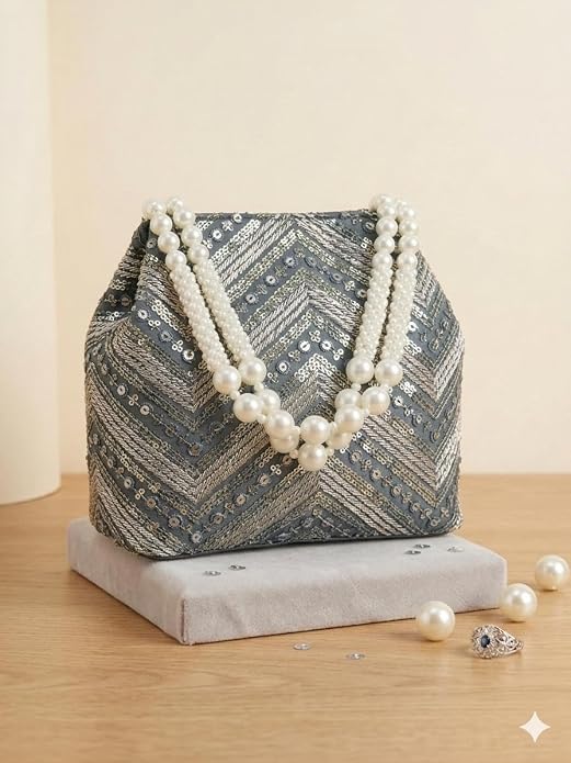 Bag in Women's Ethnic Potli Bag Embroidered Drawstring Purse with Pearl Bead Handle for Festive Occasions