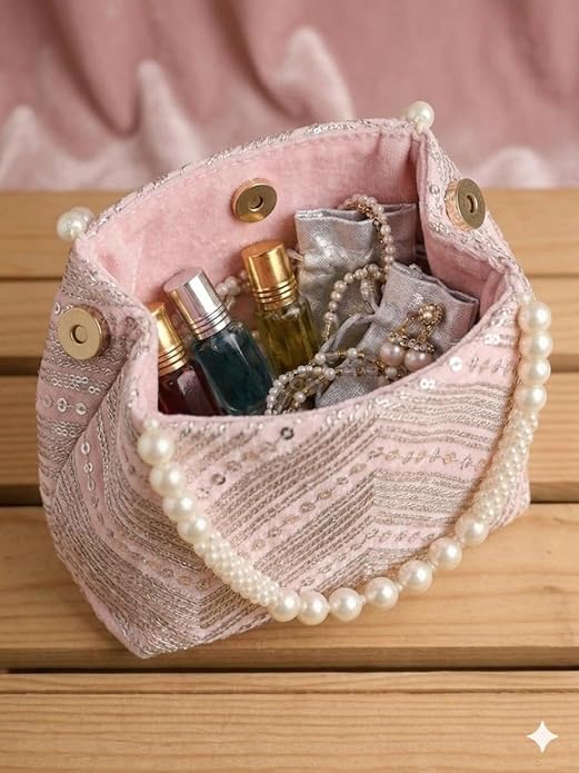 Bag in Women's Ethnic Potli Bag Embroidered Drawstring Purse with Pearl Bead Handle for Festive Occasions