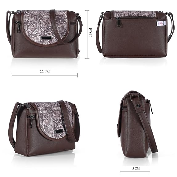 J I Elegant Leather Crossbody Handbag with Paisley Pattern Flap and Secure Zipper Pockets