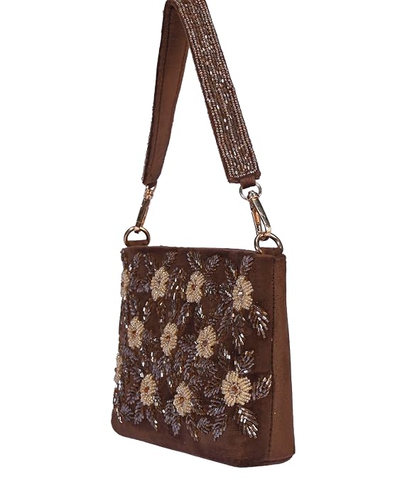 J I ACCESSORIES Velvet Hand-Embroidered Floral Clutch