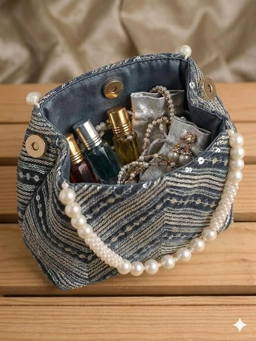 Bag in Women's Ethnic Potli Bag Embroidered Drawstring Purse with Pearl Bead Handle for Festive Occasions