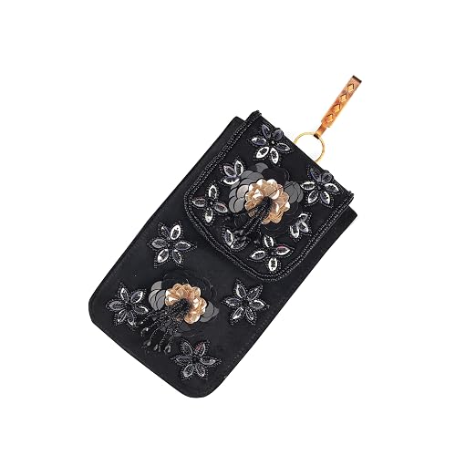 Bag in Handmade Beaded Floral Design Pouch for Women, Boho Chic Mobile Purse (Black)