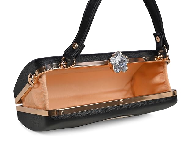 Bag in Elegant Black Floral Handbag with Crystal Clasp Vintage-Inspired Evening Bag for Special Occasions