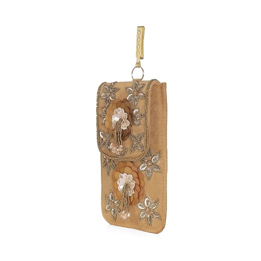 BAG IN Handmade Beaded Floral Design Pouch for Women, Boho Chic Mobile Purse" (Dark Brown)
