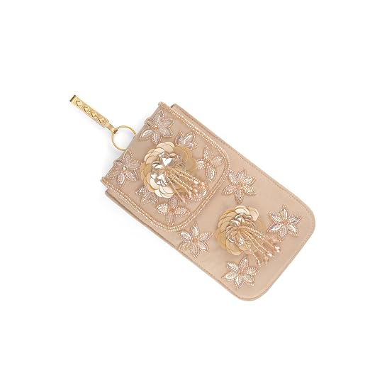 Bag in Handmade Beaded Floral Design Pouch for Women, Boho Chic Mobile Purse (Brown)