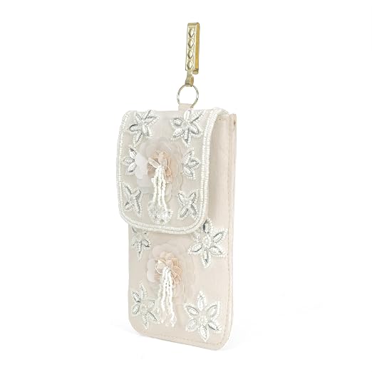 BAG IN Handmade Beaded Floral Design Pouch for Women, Boho Chic Mobile Purse" (White)