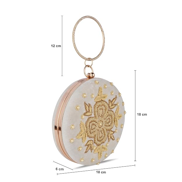 Bag in Festive Velvet Embroidered Clutch Bag with Chain & Ring Handle