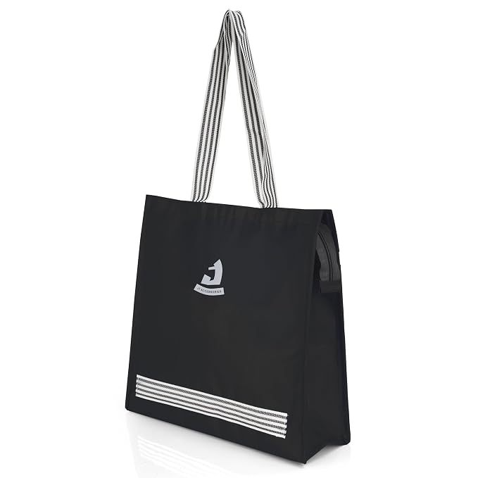 J I Accessories Black Tote Bag with Striped Handles – Stylish and Durable Shopping/Carry Bag