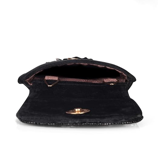 Bag in Handmade Beaded Floral Design Pouch for Women, Boho Chic Mobile Purse (Black)