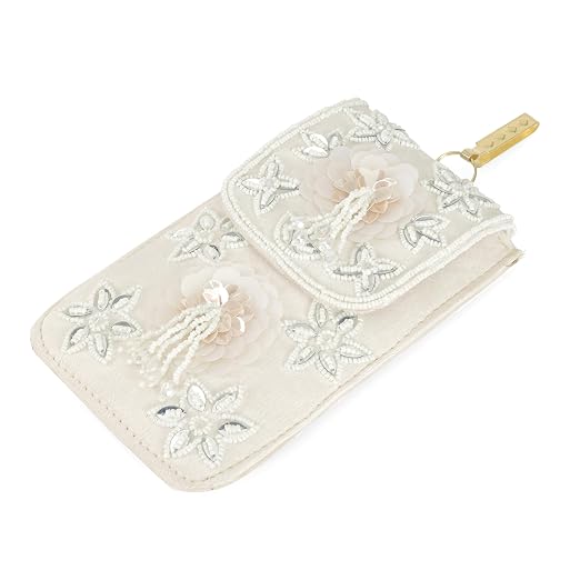 BAG IN Handmade Beaded Floral Design Pouch for Women, Boho Chic Mobile Purse" (White)