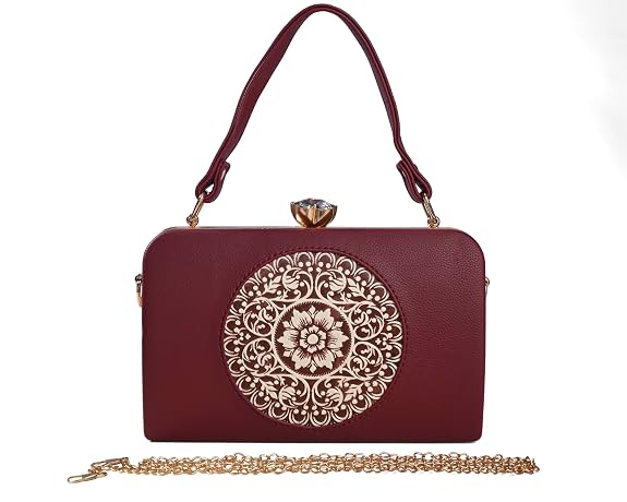 J I ACCESSORIES Elegant Vintage-Inspired Handbag with Intricate Golden Floral Mandala Embossing, Premium Finishing, and – Perfect for Parties, Weddings & Special Occasions