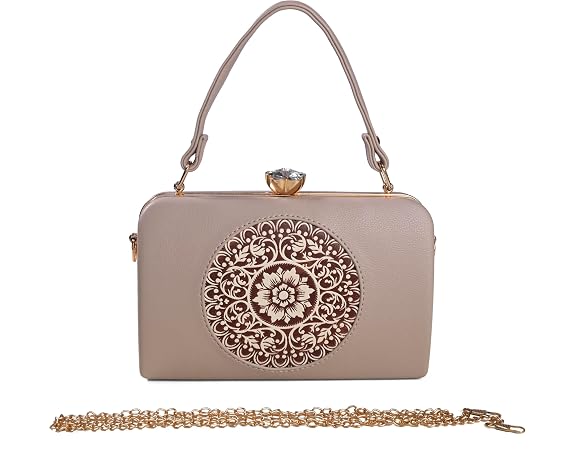 J I ACCESSORIES Elegant Vintage-Inspired Handbag with Intricate Golden Floral Mandala Embossing, Premium Finishing, and – Perfect for Parties, Weddings & Special Occasions