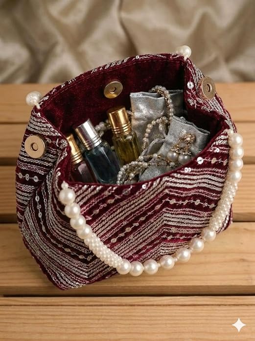 Bag in Women's Ethnic Potli Bag Embroidered Drawstring Purse with Pearl Bead Handle for Festive Occasions