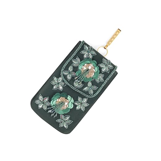 Bag in Handmade Beaded Floral Design Pouch for Women, Boho Chic Mobile Purse (Green)