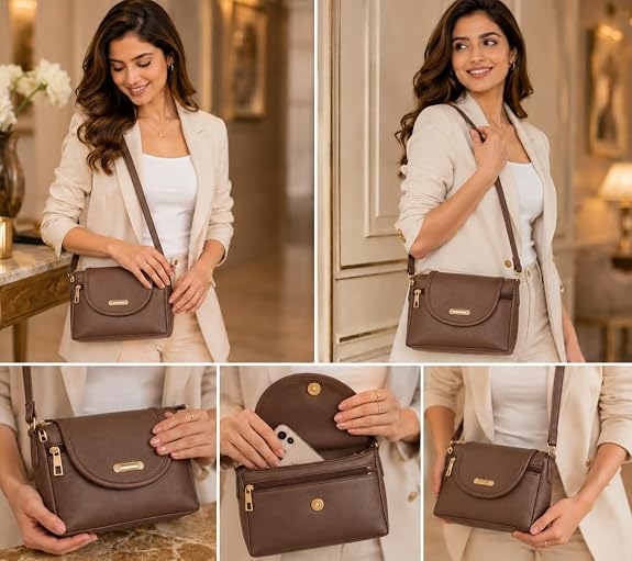 J I ACCESSORIES Women’s Stylish Crossbody Sling Bag – Elegant PU Leather Small Shoulder Purse with Adjustable Strap – Casual & Travel Handbag