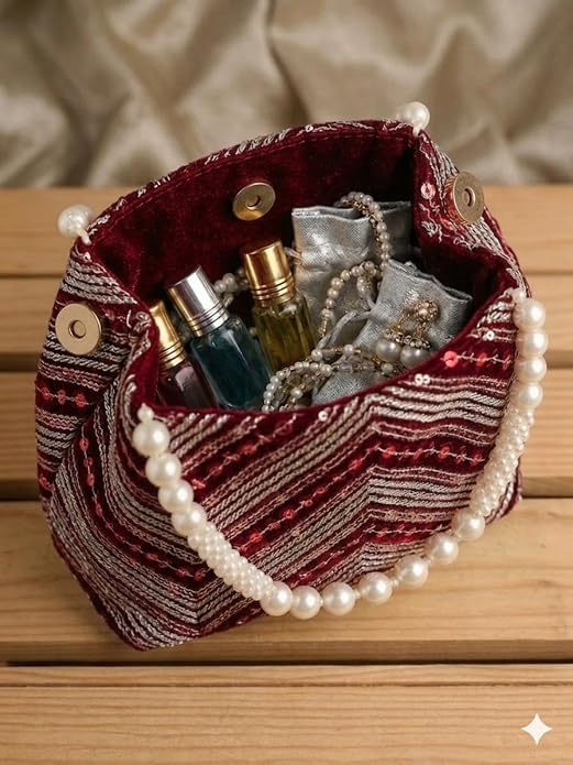 Bag in Women's Ethnic Potli Bag Embroidered Drawstring Purse with Pearl Bead Handle for Festive Occasions