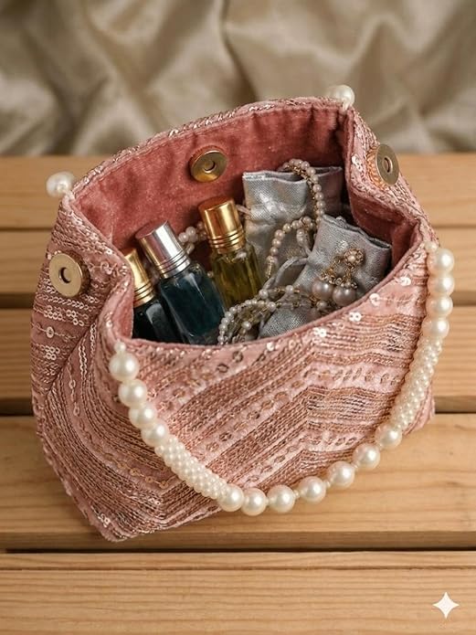 Bag in Women's Ethnic Potli Bag Embroidered Drawstring Purse with Pearl Bead Handle for Festive Occasions