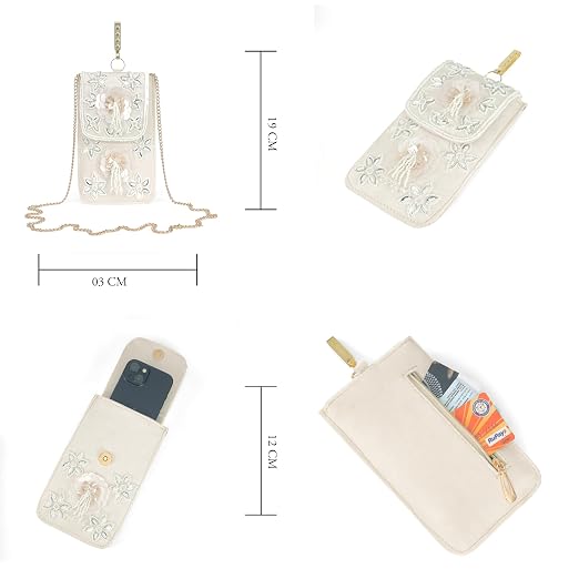 BAG IN Handmade Beaded Floral Design Pouch for Women, Boho Chic Mobile Purse" (White)