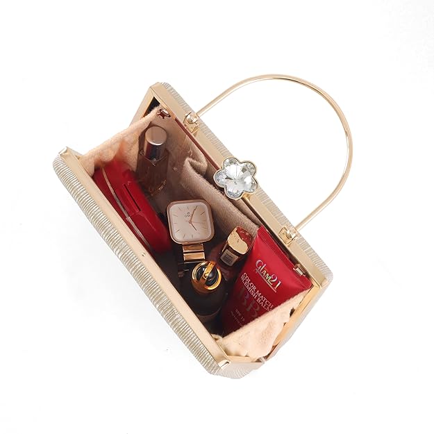 Bag in Elegant Gold Textured Metal Handle Clutch Handbag for Women – Party & Wedding Purse