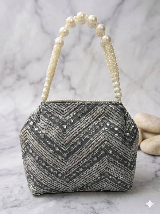 Bag in Women's Ethnic Potli Bag Embroidered Drawstring Purse with Pearl Bead Handle for Festive Occasions
