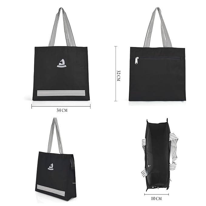 J I Accessories Black Tote Bag with Striped Handles – Stylish and Durable Shopping/Carry Bag