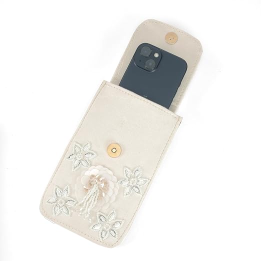 BAG IN Handmade Beaded Floral Design Pouch for Women, Boho Chic Mobile Purse" (White)