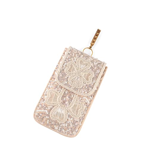 Bag in Handmade Beaded Floral Design Pouch for Women, Boho Chic Mobile Purse (Flower White)