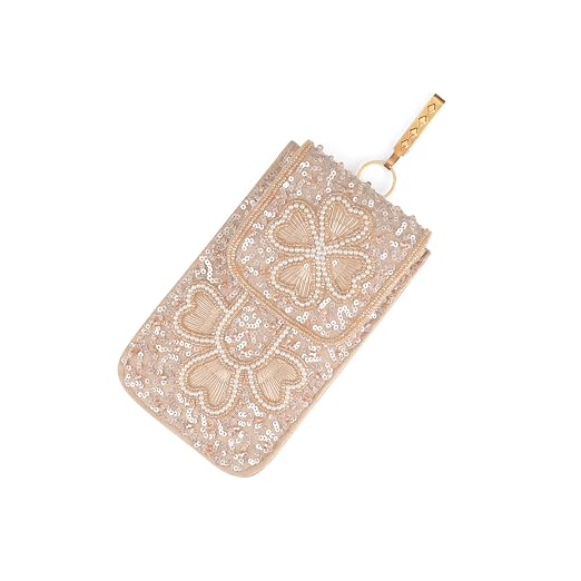 Bag in Handmade Beaded Floral Design Pouch for Women, Boho Chic Mobile Purse (Flower Light Brown)