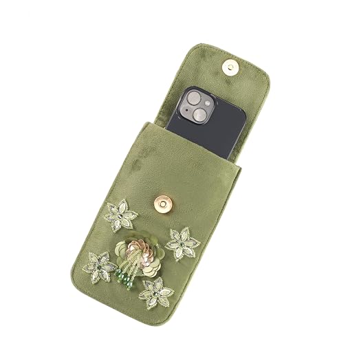 Bag in Handmade Beaded Floral Design Pouch for Women, Boho Chic Mobile Purse (Parrot Green)