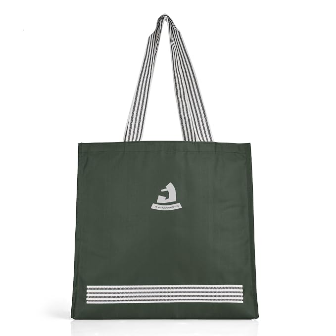 J I Accessories Black Tote Bag with Striped Handles – Stylish and Durable Shopping/Carry Bag