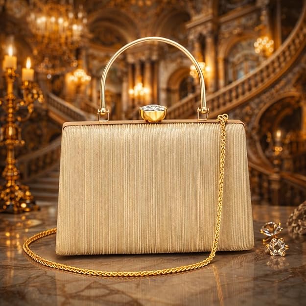Bag in Elegant Gold Textured Metal Handle Clutch Handbag for Women – Party & Wedding Purse