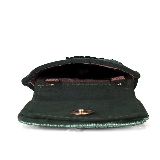 Bag in Handmade Beaded Floral Design Pouch for Women, Boho Chic Mobile Purse (Green)