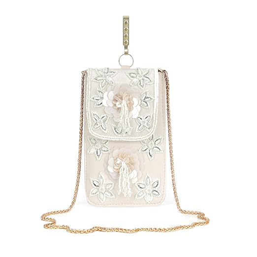 BAG IN Handmade Beaded Floral Design Pouch for Women, Boho Chic Mobile Purse" (White)