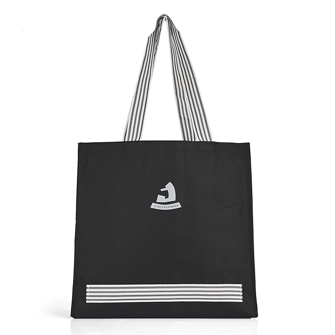 J I Accessories Black Tote Bag with Striped Handles – Stylish and Durable Shopping/Carry Bag