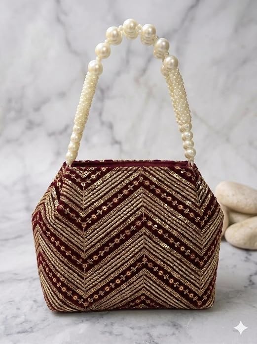 Bag in Women's Ethnic Potli Bag Embroidered Drawstring Purse with Pearl Bead Handle for Festive Occasions