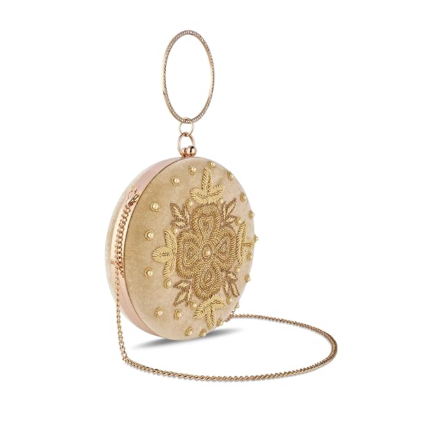 Bag in Festive Velvet Embroidered Clutch Bag with Chain & Ring Handle