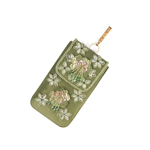 Bag in Handmade Beaded Floral Design Pouch for Women, Boho Chic Mobile Purse (Parrot Green)
