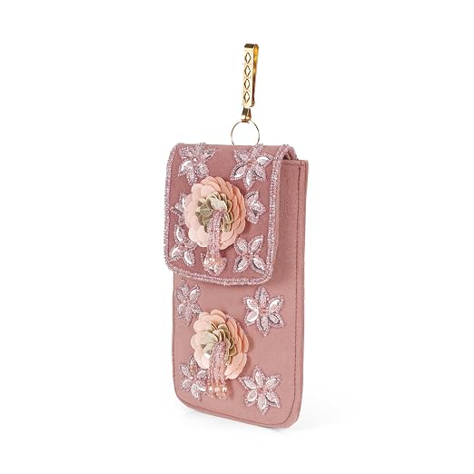 Bag in Handmade Beaded Floral Design Pouch for Women, Boho Chic Mobile Purse (Pink)