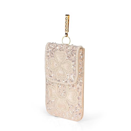 Bag in Handmade Beaded Floral Design Pouch for Women, Boho Chic Mobile Purse (Flower White)