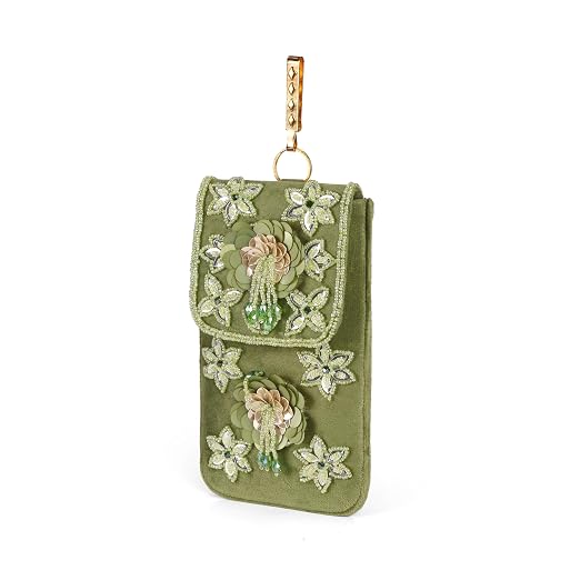 Bag in Handmade Beaded Floral Design Pouch for Women, Boho Chic Mobile Purse (Parrot Green)
