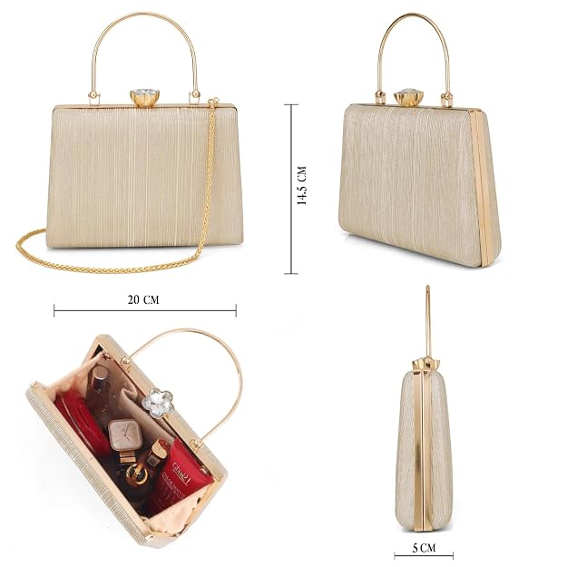Bag in Elegant Gold Textured Metal Handle Clutch Handbag for Women – Party & Wedding Purse