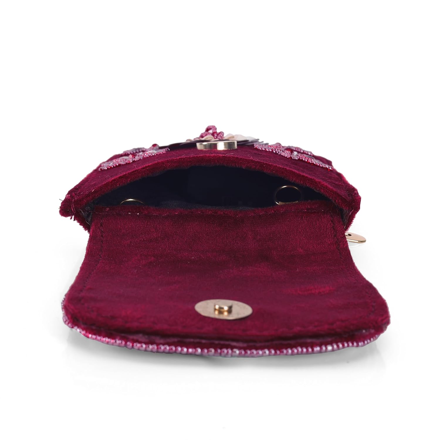 BAG IN Handmade Beaded Floral Design Pouch for Women, Boho Chic Mobile Purse" (Maroon)